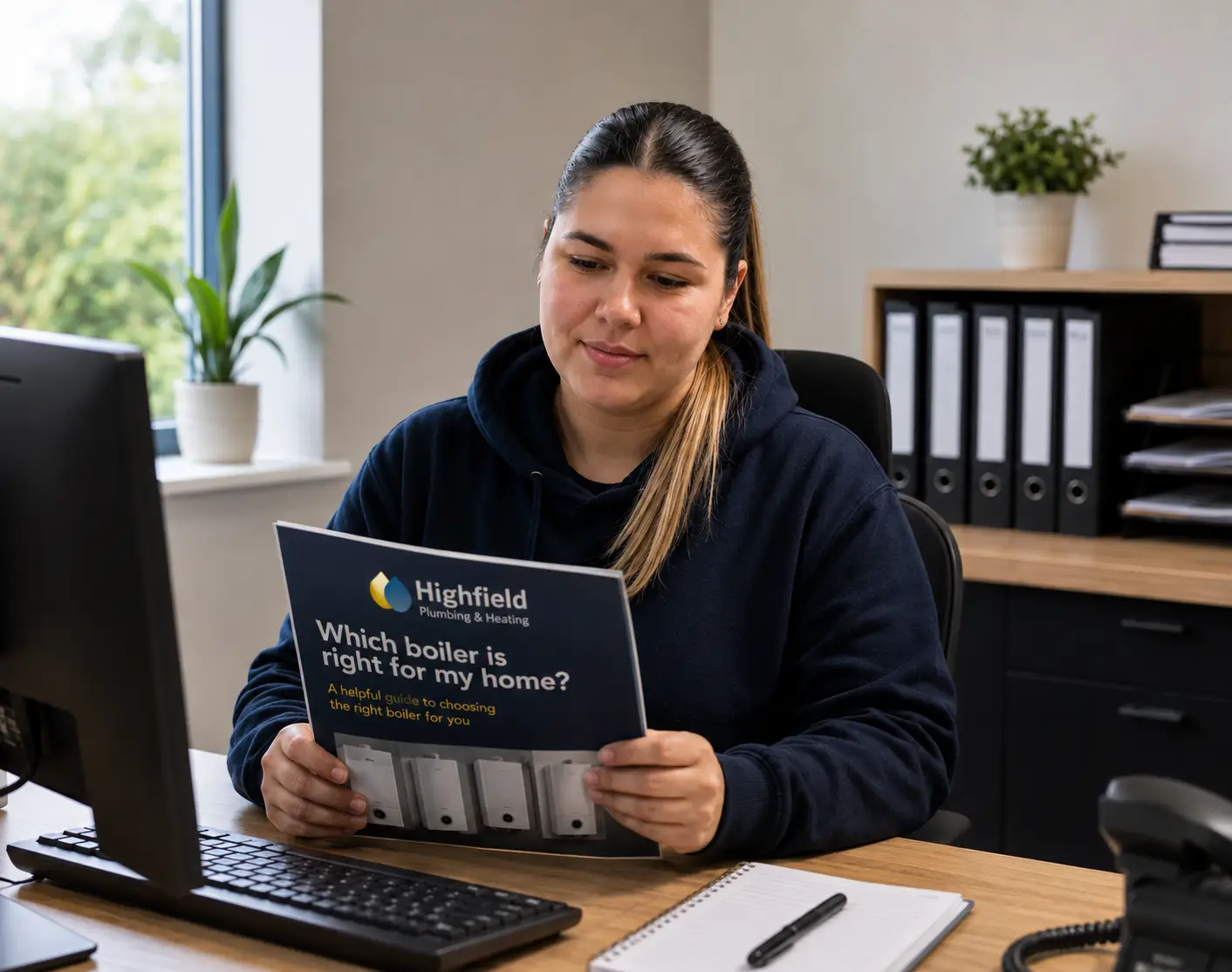 Ella at Highfield office holding a magazine which boiler is right for my property